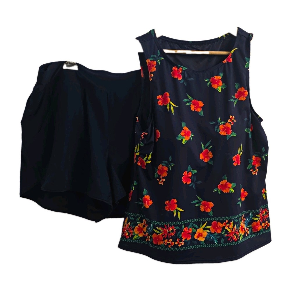 Women Plus Size 18 Blue Floral Tankini Tank Top 2 Piece Swim Shorts Set Padded